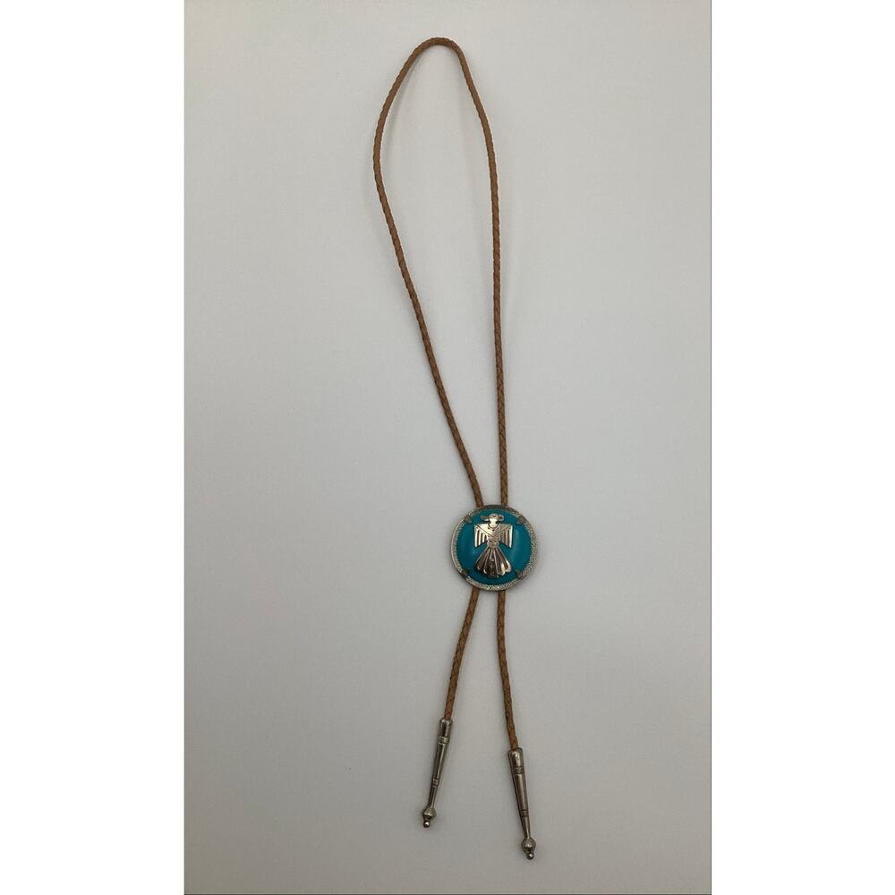 Vntg Southwestern Thunderbird Bolo Tie Nickel Silver Turquoise Inlay Boho - Picture 2 of 4